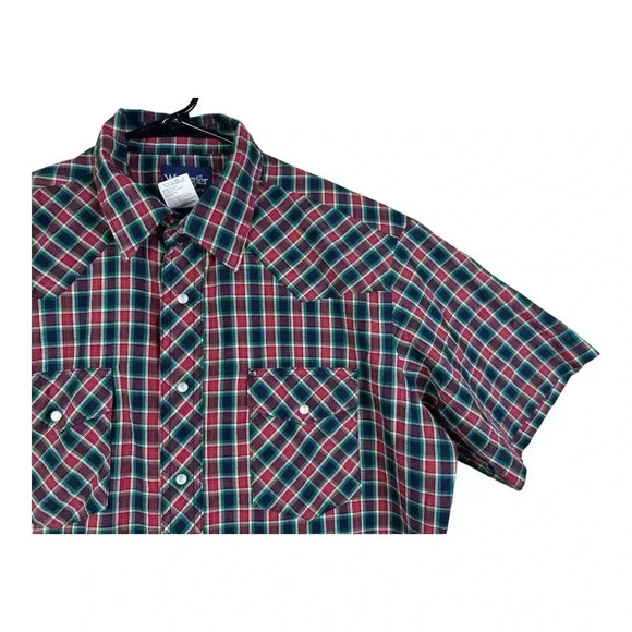 Vintage 90s Wrangler Large Western Pearl Snap Button Shirt Plaid Blue Green Red - Picture 4 of 13